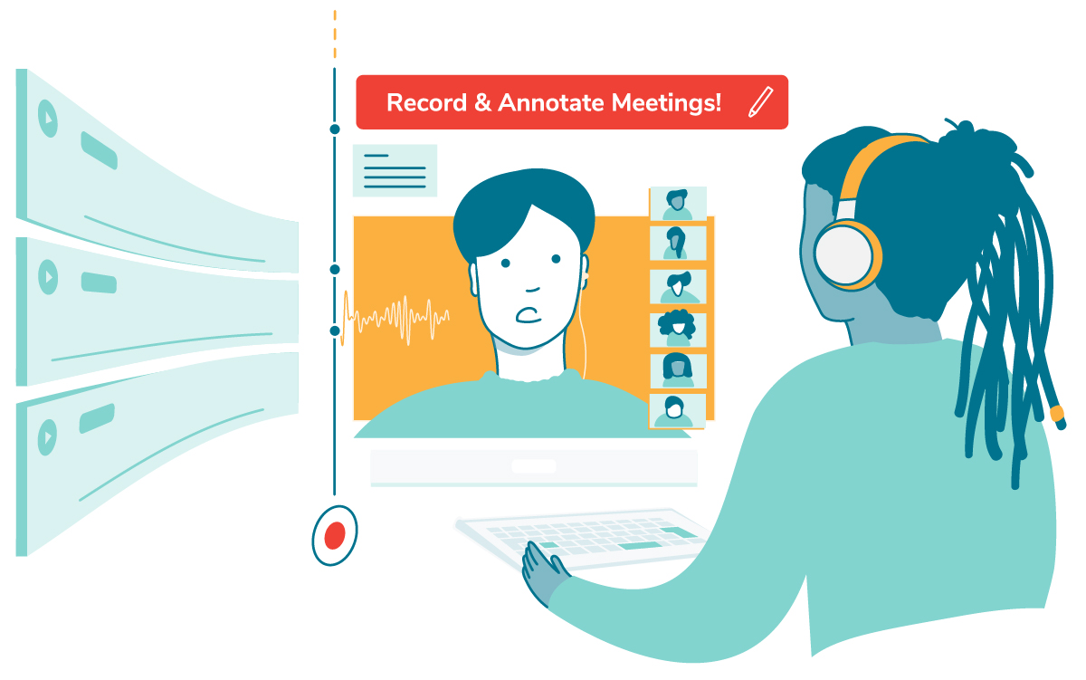 Person recording and annotating a virtual meeting on a computer, with multiple participants displayed on the screen.