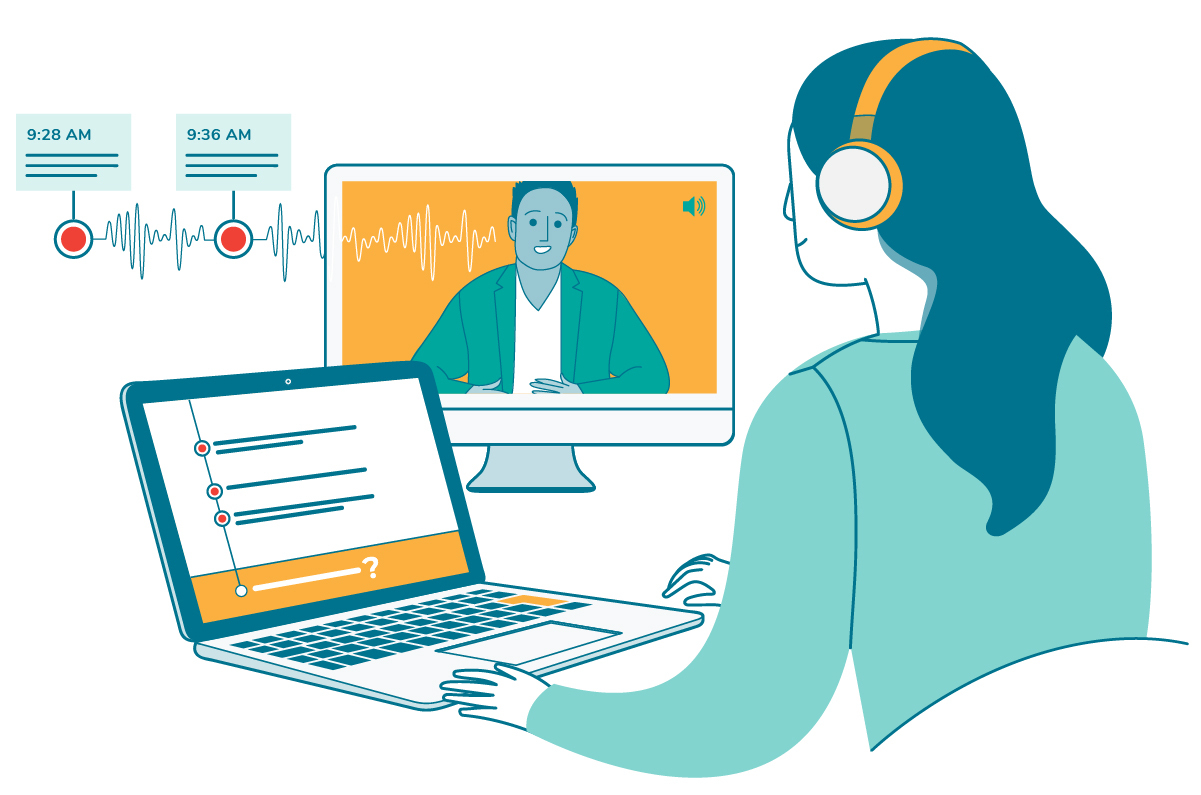 Person conducting user research via video call, taking notes on a laptop, with audio waveforms and timestamps displayed.