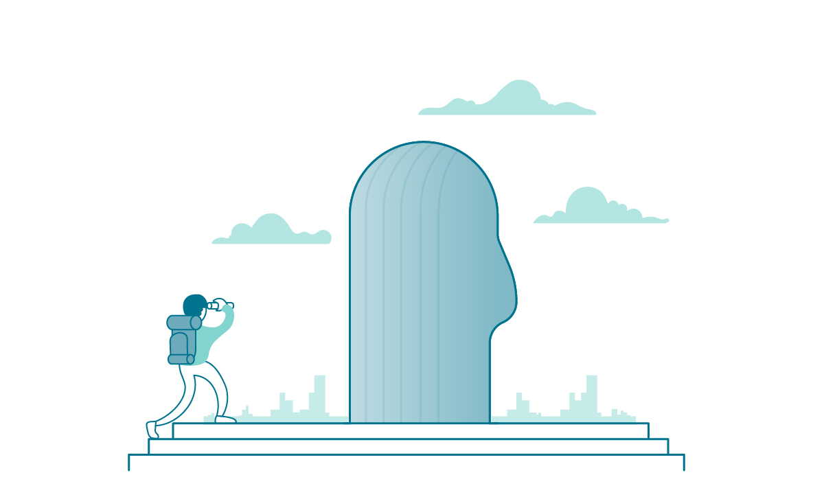 A person with a backpack observes a large abstract sculpture against a city skyline, symbolizing exploration and discovery.