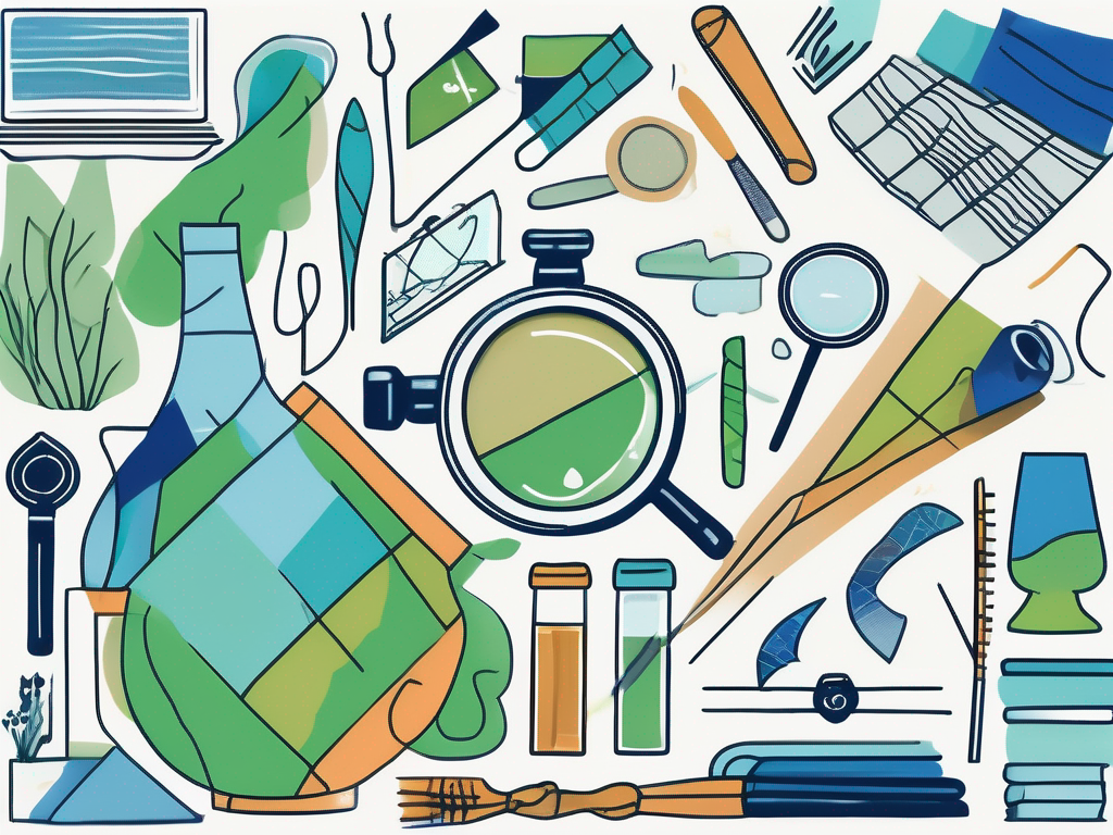 Illustration of research tools including beakers, magnifying glasses, and papers, symbolizing user research and qualitative interviews.