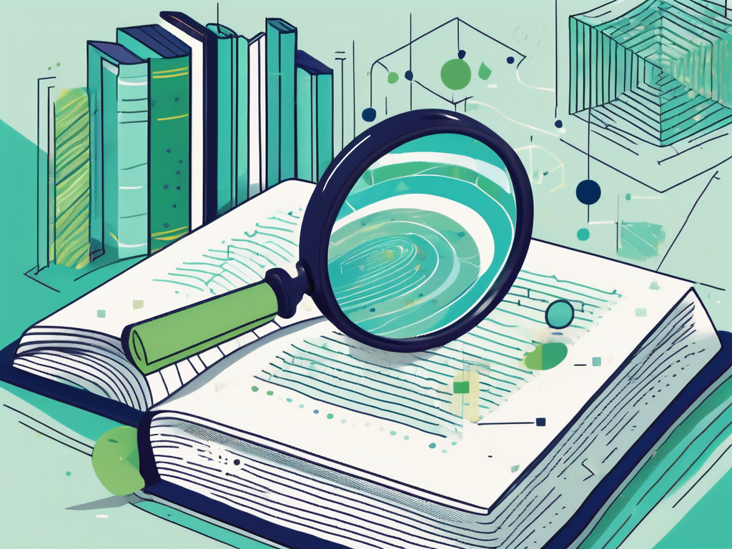 Illustration of an open book with a magnifying glass, surrounded by books and abstract shapes, symbolizing research and analysis.