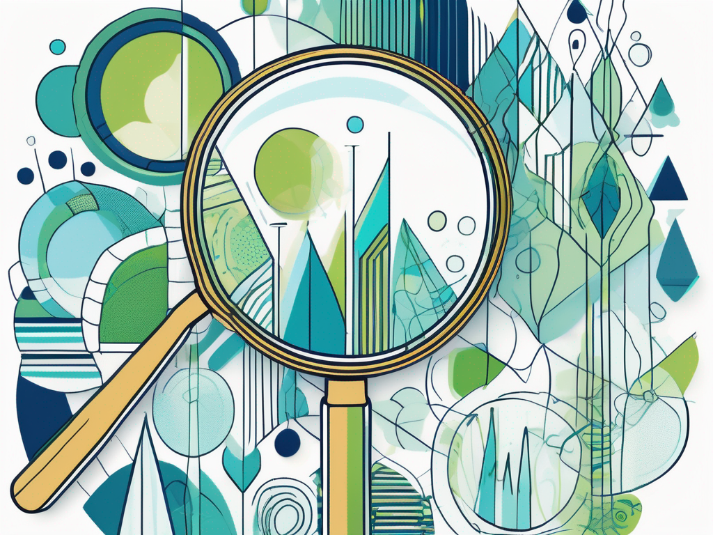 Abstract illustration featuring a magnifying glass over geometric shapes and patterns, symbolizing analysis and research concepts.