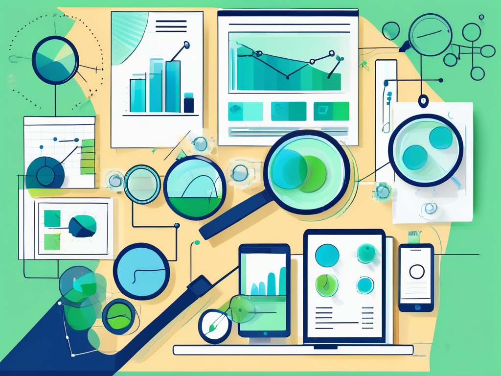 Colorful digital workspace featuring graphs, charts, and devices, symbolizing data analysis and user research methodologies.