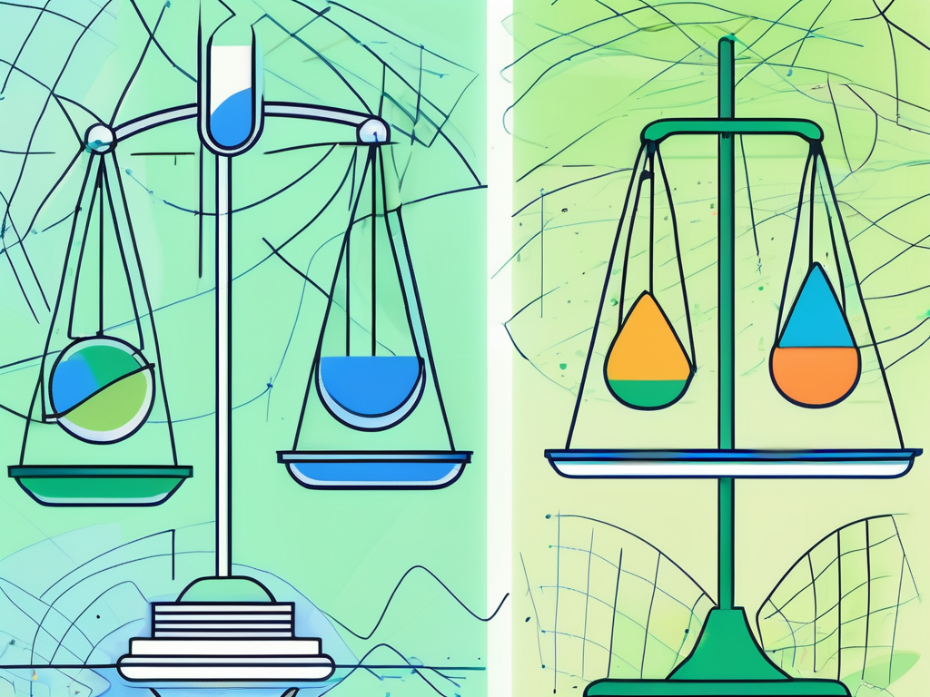 Illustration of two scales balancing colorful liquid shapes, symbolizing balance and evaluation in user research and qualitative interviews.
