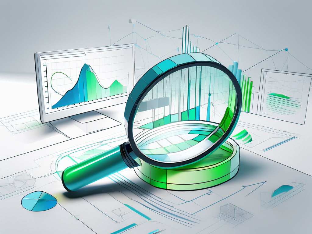 Illustration of a magnifying glass over graphs and charts, symbolizing data analysis and user research in a digital environment.