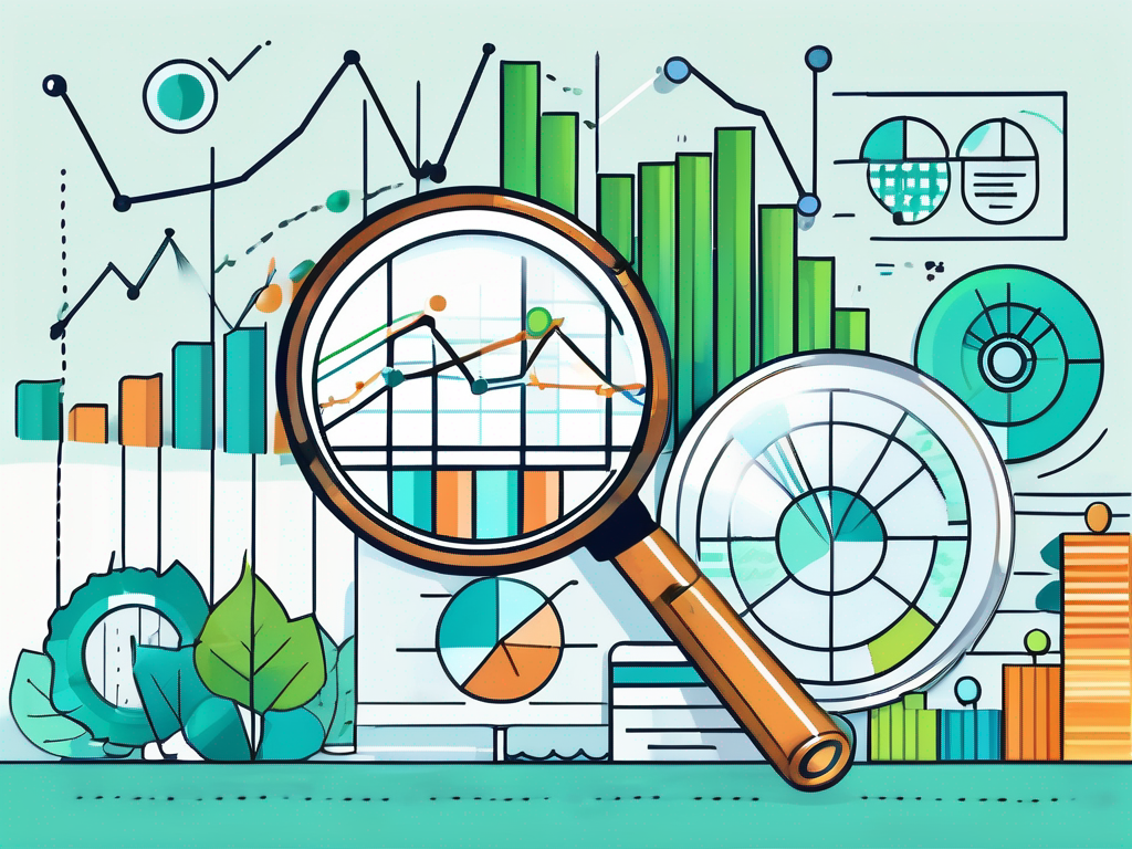 A magnifying glass hovering over a market scene with various symbolic elements like graphs